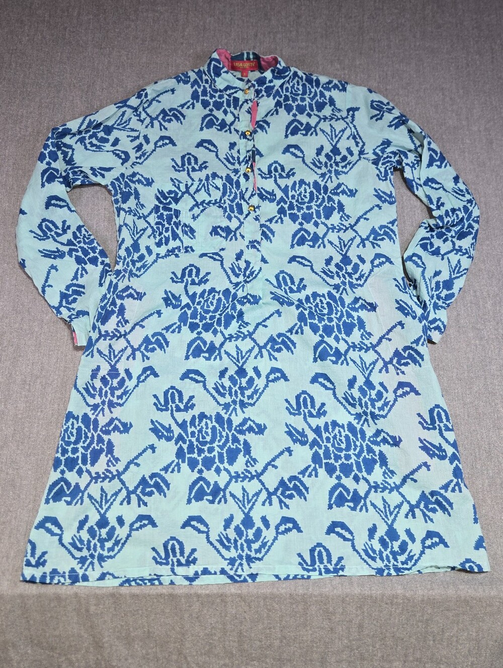 ​Lisa Corti Milano Artisanal Block Print Cotton Tunic Dress - Blue Ikat - Size S